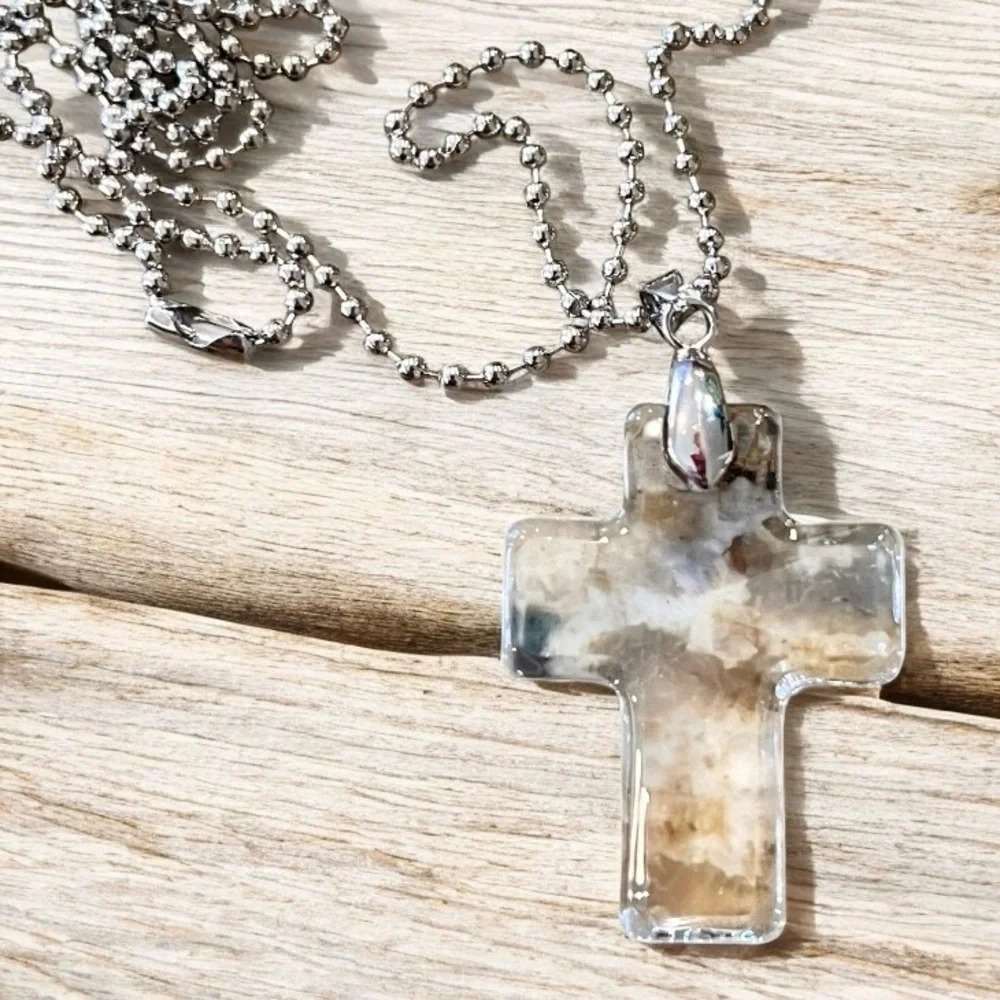 Crystal Clear Glass Cross Necklace with silver toned Beaded Chain 22” - Picture 17 of 17